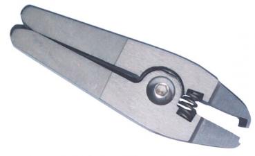 The image shows a pair of pliers with two long, flat, metallic handles. The jaws of the pliers are pointed and cut at an angle, with a spring in the middle for opening.