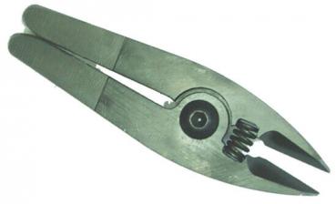 The image shows a pair of metal pliers. It has two long, flat handles that meet in the middle and have pointed jaws at both ends. There is a spring in the center.
