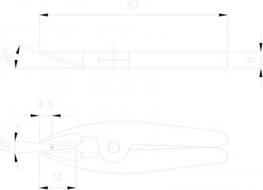 The image shows a technical drawing of a pair of pliers. The top shows the side view, and the bottom shows the top view. Dimensions and angles are marked.