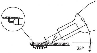 The image displays a technical drawing of a device that is positioned at a 25° angle on a surface. A small detail reveals a cross-section.