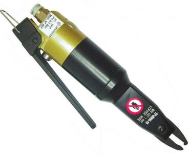 The image shows a black and gold tool with a long, slender body and a trigger. At one end, there is an opening intended for compressed air. A warning symbol is visible.