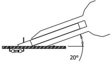 The image shows a schematic representation of a tool that hits a surface at a 20-degree angle. It is a longitudinal view with a horizontal line for the base.
