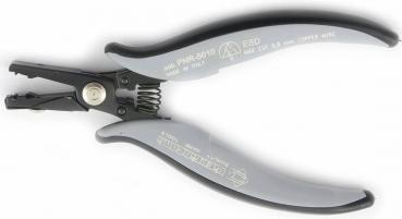 Das Bild zeigt eine Drahtschneiderzange mit grauen, ergonomischen Griffern. Die Zange hat eine Metallöffnung zum Schneiden und einen Federmechanismus zur einfachen Handhabung.