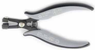 The image shows a pair of pliers with gray rubber handles and a metal mechanism in the center. It has a narrow, pointed shape, ideal for gripping or cutting small objects.