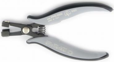 The image shows a special pair of pliers with gray rubber grips. The pliers have a spring-loaded opening and a small cutting edge at the tips, ideal for precise work.