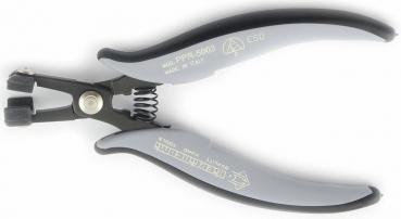 The image shows a pair of pliers with gray handles and a metal tip. The handles are ergonomically shaped and feature a spring that facilitates opening.