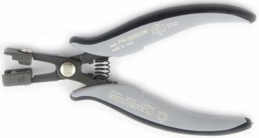 The image shows a gray pliers with ergonomic handles. The pliers have a spring that facilitates opening, and a sharp edge for cutting cables or wires.