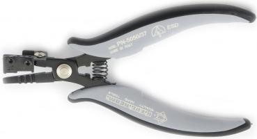 This is a pair of pliers with gray, ergonomic handles and a black metal head. It has a spring in the middle area and a small slot for cutting or stripping wires.