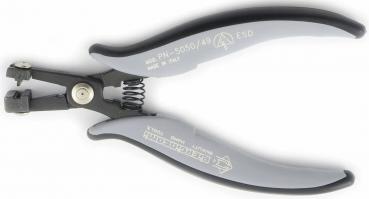Das Bild zeigt eine Zange mit grauen, ergonomischen Griffen und einer Metallkonstruktion. Sie hat eine geschlossene Form mit einer Feder in der Mitte zum Öffnen und Schließen.