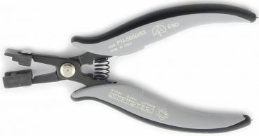 Es handelt sich um eine Zange mit grauen, ergonomischen Griffen und einer federbelasteten Öffnung. Der Kopf hat eine scharfe Kante zum Schneiden. Ideal für präzises Arbeiten.