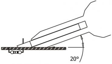 The image shows a schematic representation of a tool that points at an angle of 20 degrees towards a surface. Lines and a small vertical mark are visible, which clarify the angle.