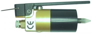 The image shows a compact, cylindrical device with a metallic, golden, and black surface. It has a hand lever and a white connector. It presumably serves as a tool or device in technology.