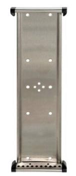 The image displays a narrow, rectangular piece of metal in silver color. On its sides, there are black rubber feet. In the center, several holes are arranged.
