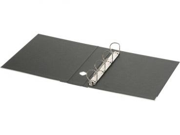 The image shows a gray open folder. It features a ring mechanism in the center to secure paper sheets. The two covers are flat and arranged parallel.