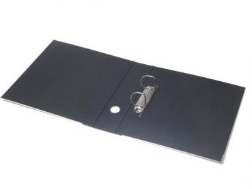 The image shows a black folder lying open. In the center, there is a metal ring binder mechanism to hold pages. The folder has a simple, smooth surface.