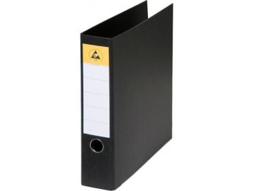 The image shows a black folder that is standing upright. It has a yellow label area on the front and a central opening on the side. The folder appears sturdy and functional.