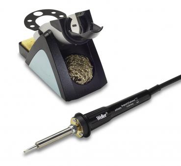The image shows a soldering iron with a long cable and a soldering iron stand. The stand has a round holder and includes a metallic cleaning wire for the tip.