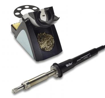 The image displays a soldering iron with a long handle and a metallic tip. Next to it is a soldering station with a sponge pad and wire for cleaning the tip.
