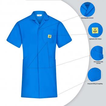 The image displays a blue work coat with short sleeves. It features a collar, a chest pocket with a patch, and a large front pocket. Additional details such as fabric and function are depicted.