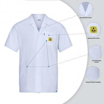 The image displays a white, short-sleeved shirt with a yellow safety marking at chest level. Special features such as breathable material and durable seams are highlighted.