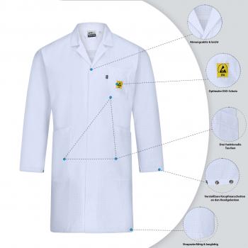 The image shows a white lab coat with long sleeves. On the left chest side, there is a yellow logo. Special features of the coat are explained, such as breathable fabrics and practical pockets.
