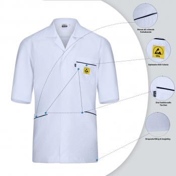 The image displays a white, short-sleeved shirt with a yellow logo on the chest pocket. Lines highlight special features such as ease of care and breathable materials.