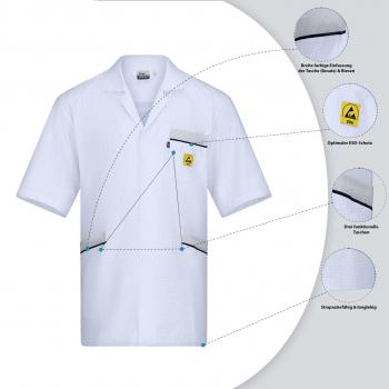 The image shows a white polo shirt with a short collar and chest pocket. Dots are marked to highlight special features such as breathable materials and a secure fit.