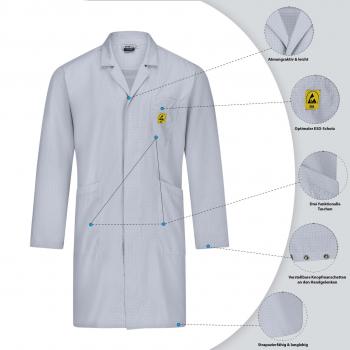 The image shows a gray lab coat with long sleeves. It has pockets, a lapel collar, and a warning label. Next to the coat, details about materials and functions are displayed.