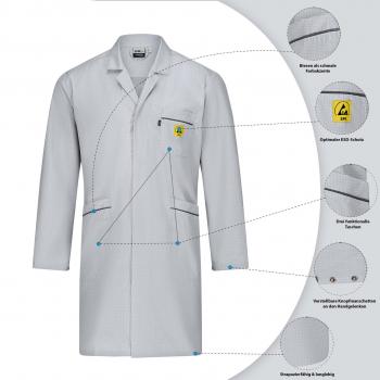 The image shows a gray lab coat with long sleeves. It features a zipper, chest and side pockets, as well as a yellow logo. Additional details are displayed on the edge.