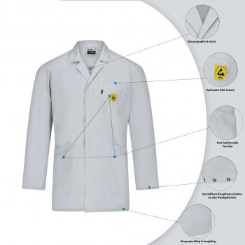 The image shows a white lab coat with long sleeves. It features a chest pocket and a yellow warning symbol. Details about breathability and material are listed next to it.