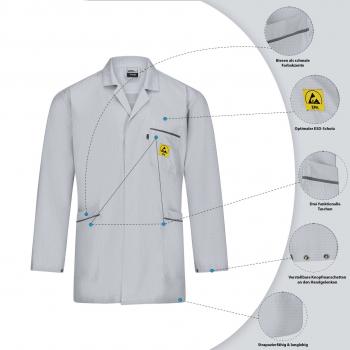 The image shows a white lab coat with a yellow hazard warning symbol. It has long sleeves, a chest pocket, and special details for safety and functionality.