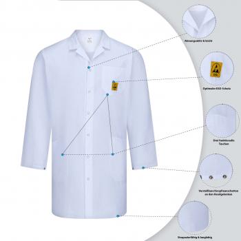 The image shows a white lab coat with long sleeves. It has a collar, front buttons, and a yellow safety symbol on the left side. There are notes on the special features of the coat.