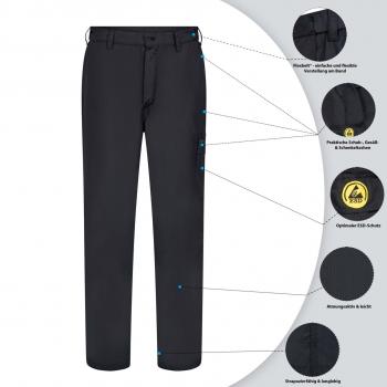 The image shows a black pair of pants with various details. There are pockets and indications of waterproof and breathable features. The pants are suitable for outdoor activities.