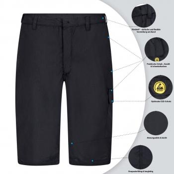 The image displays a pair of black shorts. The outline and details are emphasized. There are several additional pockets and icons that explain the special features and functions of the shorts.