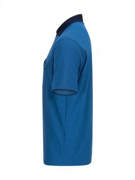 The image shows a short-sleeved polo shirt in bright blue. The collar is black, and the shirt has a simple, plain design without any special embellishments.
