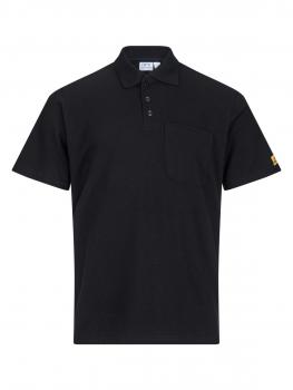 The image shows a black polo shirt. It features a classic collar, short sleeves, and a chest pocket. There is a yellow logo on the right sleeve. The material appears simple and elegant.