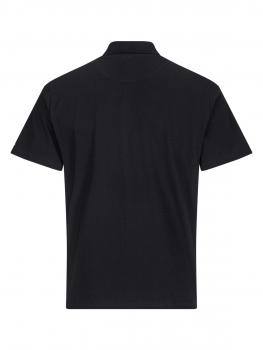The image shows a simple, black polo shirt from the back. It has short sleeves and a classic collar, with no printed designs or embellishments.