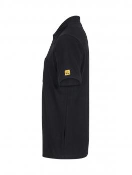The image shows a black polo shirt from a side view. It has short sleeves and a small yellow logo on the left sleeve. The fabric appears smooth and formal.