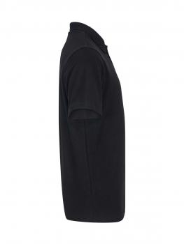 The image displays a black polo shirt in profile. It features short sleeves, a collar, and a straight fit. The fabric appears soft and comfortable. The surface is uniform without any patterns.