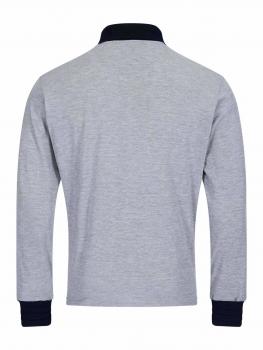 The image displays a gray long-sleeve cotton shirt. It features a dark collar and dark blue cuffs on the sleeves. The back is plain and without any pattern.