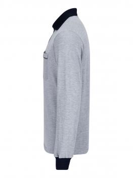 The image shows a gray long-sleeve shirt. It has a dark collar and a small chest pocket area. The sleeves are slim and the fit is classic.