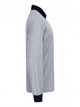The image shows a gray long-sleeve shirt. It has a black collar and the sleeves are also black. The material appears soft and the cut is casual.