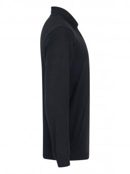 Das Bild zeigt ein schwarzes, langärmliges Poloshirt. Es hat einen klassischen Kragen und ist einfarbig, ohne Muster. Die Silhouette ist einfach und wirkt sportlich sowie casual.