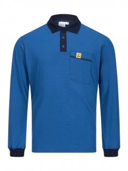 Das Bild zeigt ein langärmliges Polohemd in einem kräftigen Blau. Es hat einen dunkelblauen Kragen, drei Knöpfe an der Vorderseite und eine kleine Tasche auf der linken Brustseite mit einem gelben Logo.