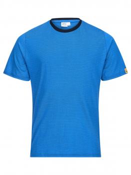 The image shows a short-sleeved, bright blue T-shirt with fine horizontal stripes. The collar is black and simple. It looks modern and sporty.