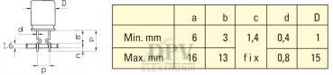 The image displays a technical drawing of a component with dimensions in millimeters. Next to the drawing is a table with minimum and maximum values for various measurements.