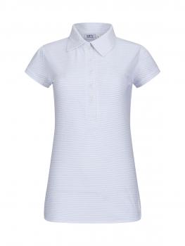 Das Bild zeigt ein hellblaues Poloshirt mit kurzen Ärmeln und einem Kragen. Es hat gestreifte Textur und eine Knopfleiste. Das Shirt wirkt frisch und sportlich.