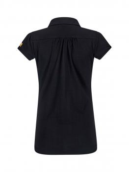 The image shows a black polo shirt with a collar and short sleeves. There is a small yellow logo on the left shoulder. The back of the shirt has a slightly curved seam.