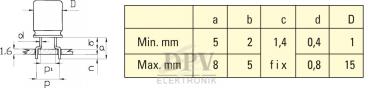 The image shows a technical drawing of a component with dimensions for various distances and diameters in a table format. On the left is a schematic representation of the component, on the right is the corresponding dimension table.