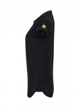 The image displays a black polo shirt in profile. It features short sleeves and a classic collar. There is a yellow logo on the left sleeve. The fabric appears smooth and elastic.